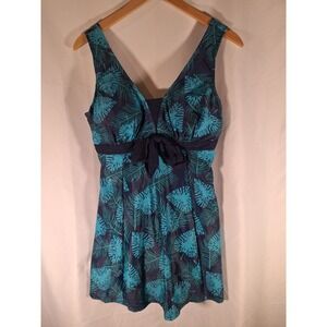 ECupper Womens Swim Dress Floral Tropical Leaf Print Navy Blue Teal V Neck Skirt